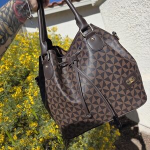 Source Unknown Brown Geometric Drawstring Shoulder Bag